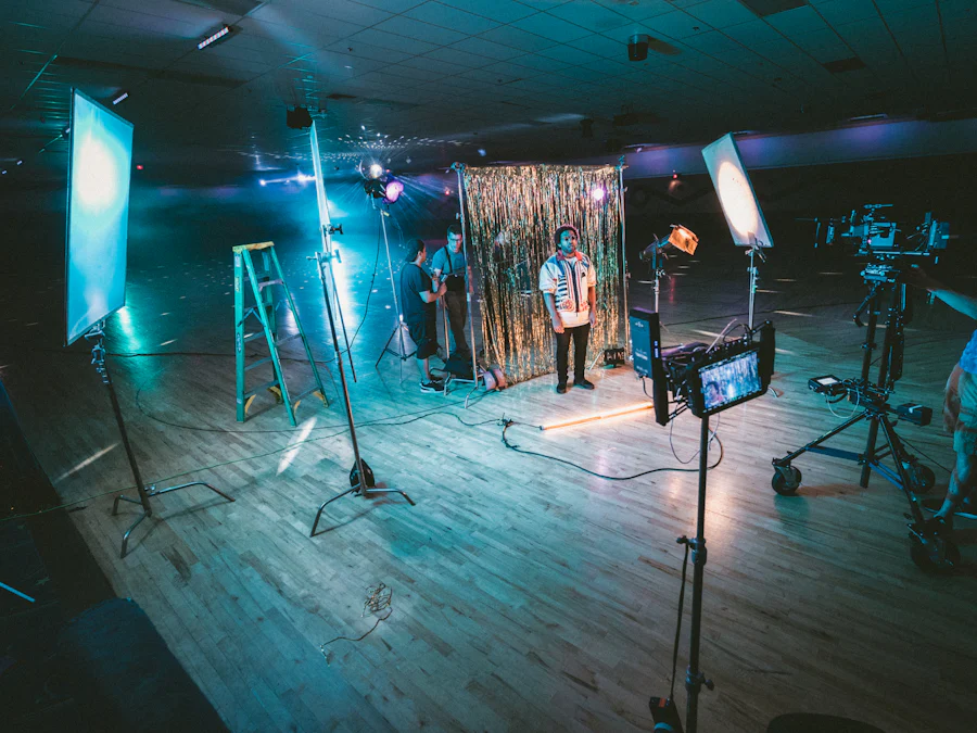 Production crew working under lights