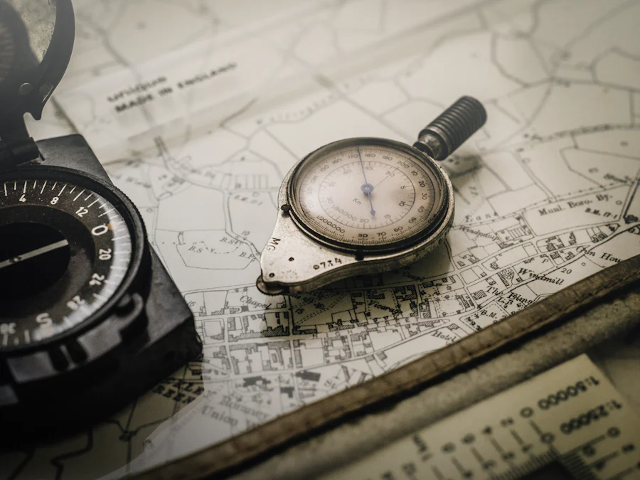 Compass resting on a printed map