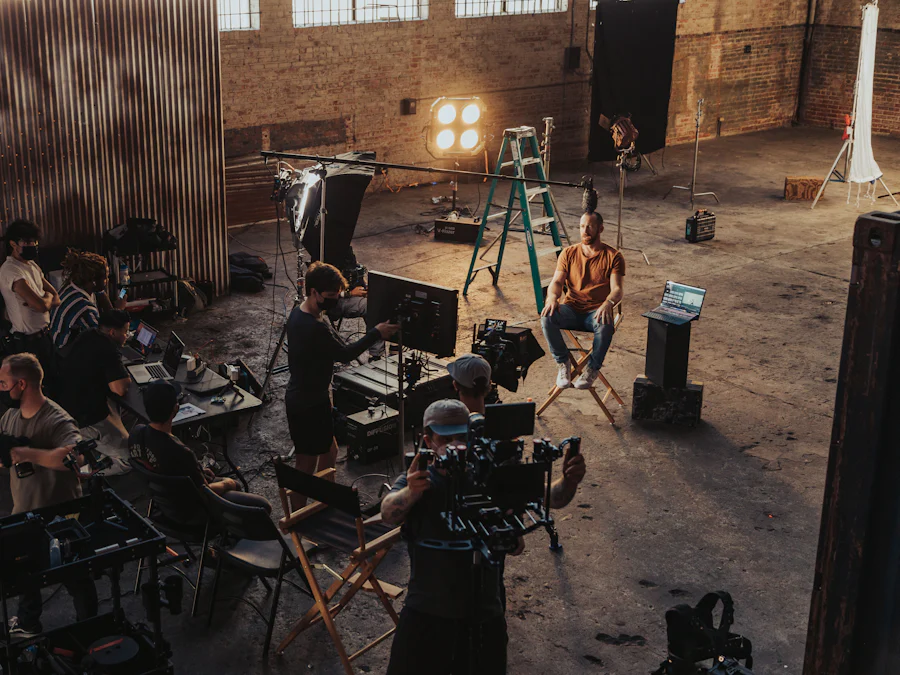 Production crew gathered around a camera setup